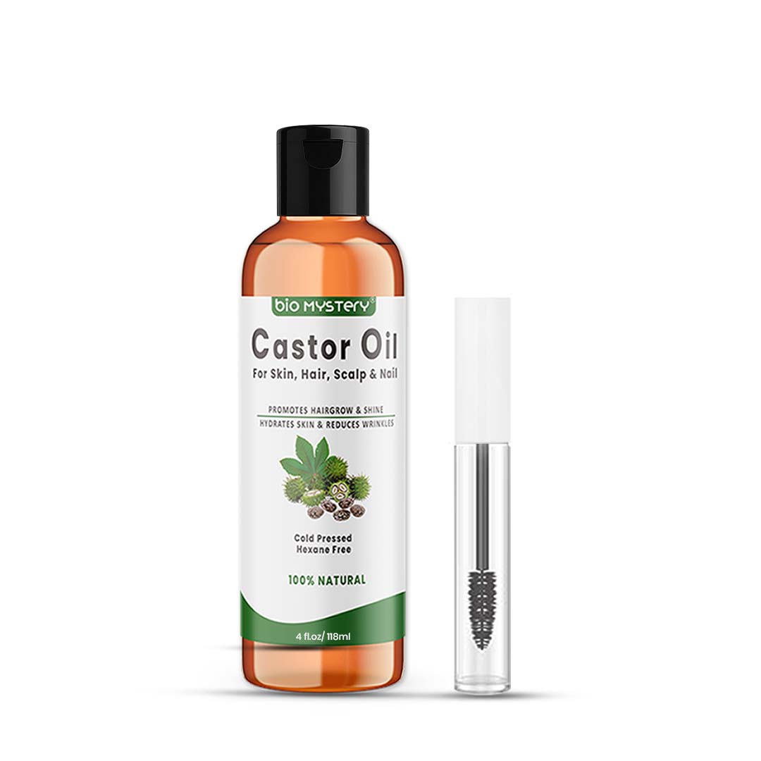 Bio Mystery Natural Castor Oil – Cold Pressed & Hexane-Free with Liner Brush | For Hair, Brows, Lashes, Nails & Skin | 100% Pure & Natural |