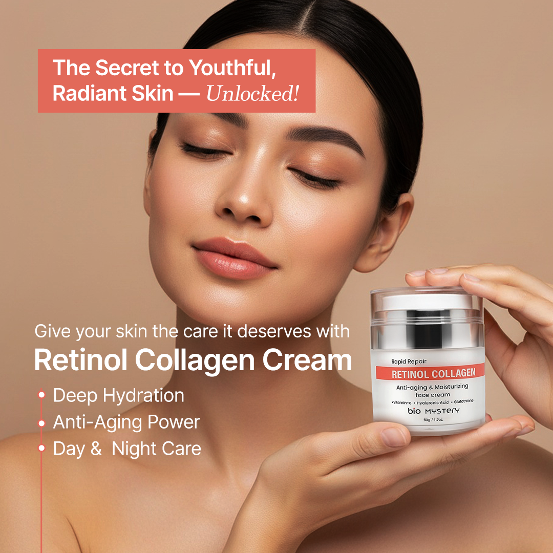 Bio Mystery Retinol Collagen Facial Cream with Hyaluronic Acid, Vitamin C & Glutathione – Lightweight Hydrating Moisturizer for Face & Neck – Day & Night Repair Cream – 50gm