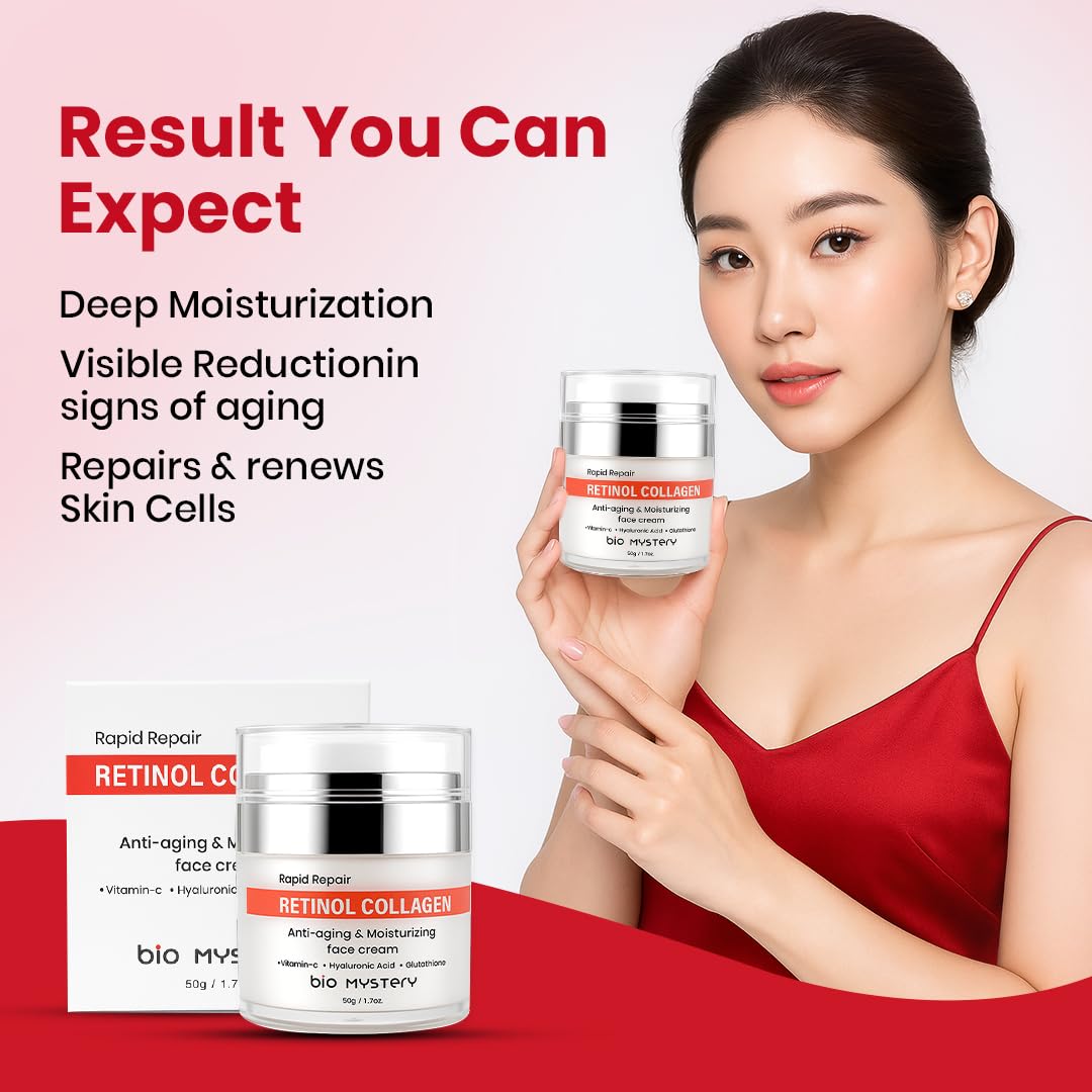 Bio Mystery Retinol Collagen Facial Cream with Hyaluronic Acid, Vitamin C & Glutathione – Lightweight Hydrating Moisturizer for Face & Neck – Day & Night Repair Cream – 50gm