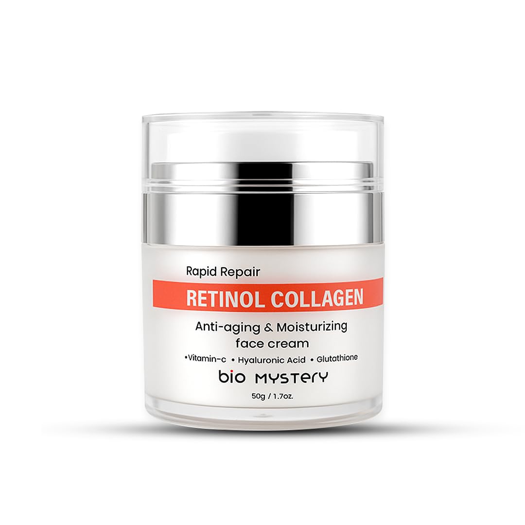 Bio Mystery Retinol Collagen Facial Cream with Hyaluronic Acid, Vitamin C & Glutathione – Lightweight Hydrating Moisturizer for Face & Neck – Day & Night Repair Cream – 50gm