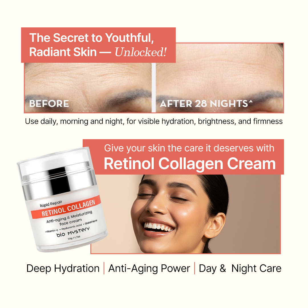 Bio Mystery Retinol Collagen Facial Cream with Hyaluronic Acid, Vitamin C & Glutathione – Lightweight Hydrating Moisturizer for Face & Neck – Day & Night Repair Cream – 50gm