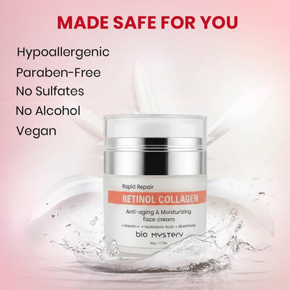 Bio Mystery Retinol Collagen Facial Cream with Hyaluronic Acid, Vitamin C & Glutathione – Lightweight Hydrating Moisturizer for Face & Neck – Day & Night Repair Cream – 50gm