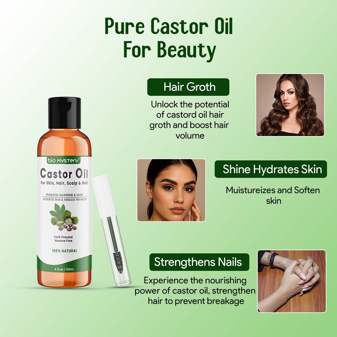 Bio Mystery Natural Castor Oil – Cold Pressed & Hexane-Free with Liner Brush | For Hair, Brows, Lashes, Nails & Skin | 100% Pure & Natural |