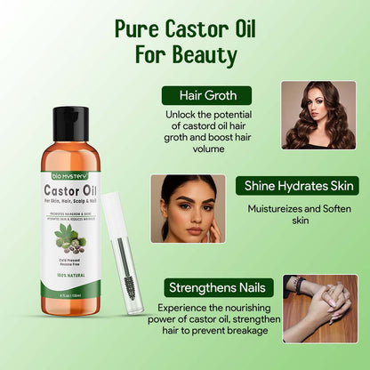 Bio Mystery Natural Castor Oil – Cold Pressed & Hexane-Free with Liner Brush | For Hair, Brows, Lashes, Nails & Skin | 100% Pure & Natural |