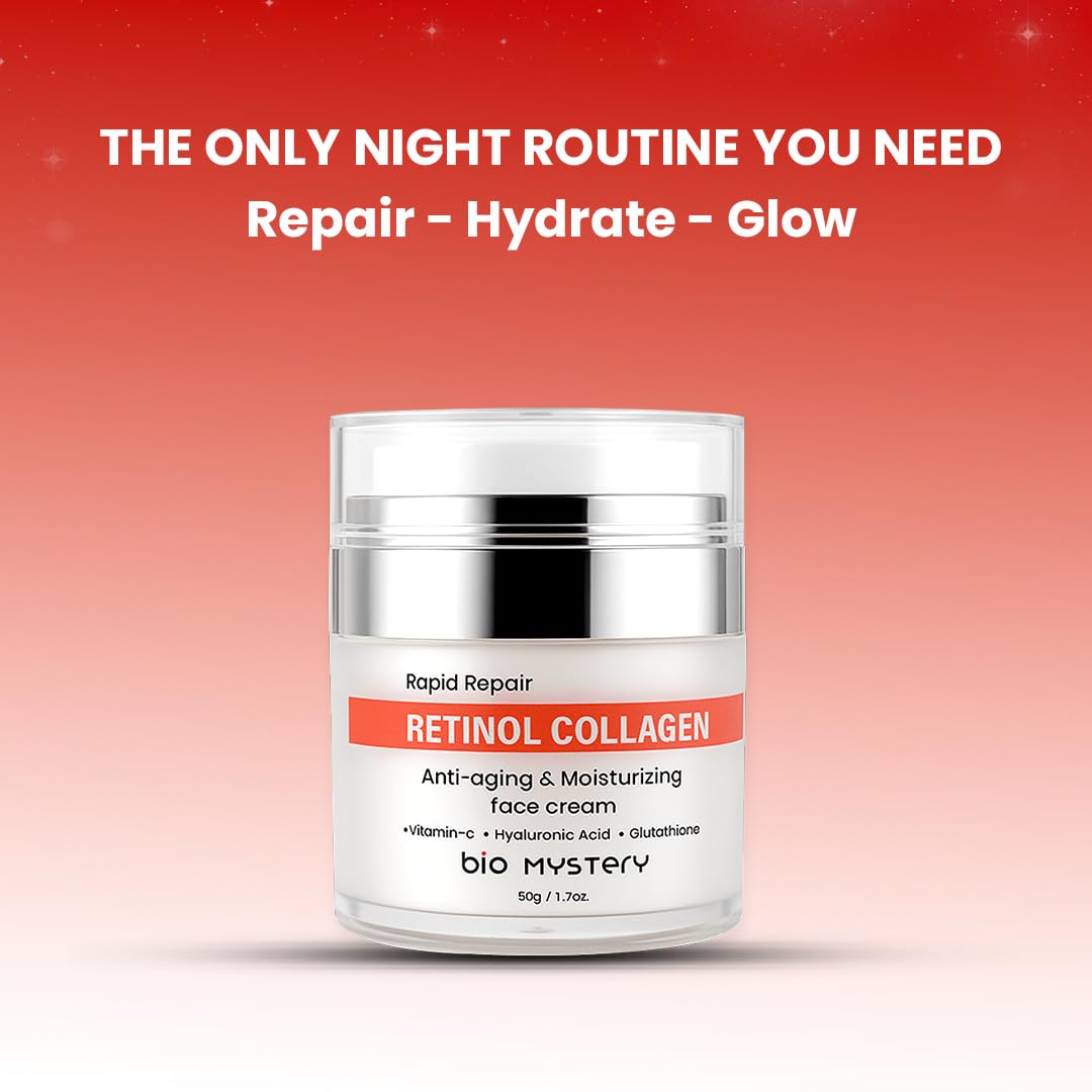 Bio Mystery Retinol Collagen Facial Cream with Hyaluronic Acid, Vitamin C & Glutathione – Lightweight Hydrating Moisturizer for Face & Neck – Day & Night Repair Cream – 50gm