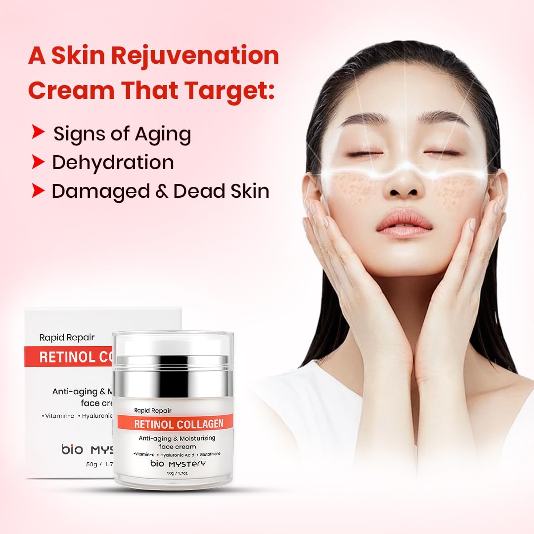 Bio Mystery Retinol Collagen Facial Cream with Hyaluronic Acid, Vitamin C & Glutathione – Lightweight Hydrating Moisturizer for Face & Neck – Day & Night Repair Cream – 50gm