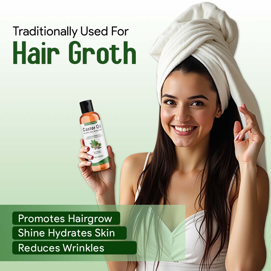 Bio Mystery Natural Castor Oil – Cold Pressed & Hexane-Free with Liner Brush | For Hair, Brows, Lashes, Nails & Skin | 100% Pure & Natural |